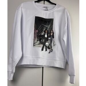 DKNY White Graphic Sweatshirt Women's Size M Crewneck Long Sleeve Pullover